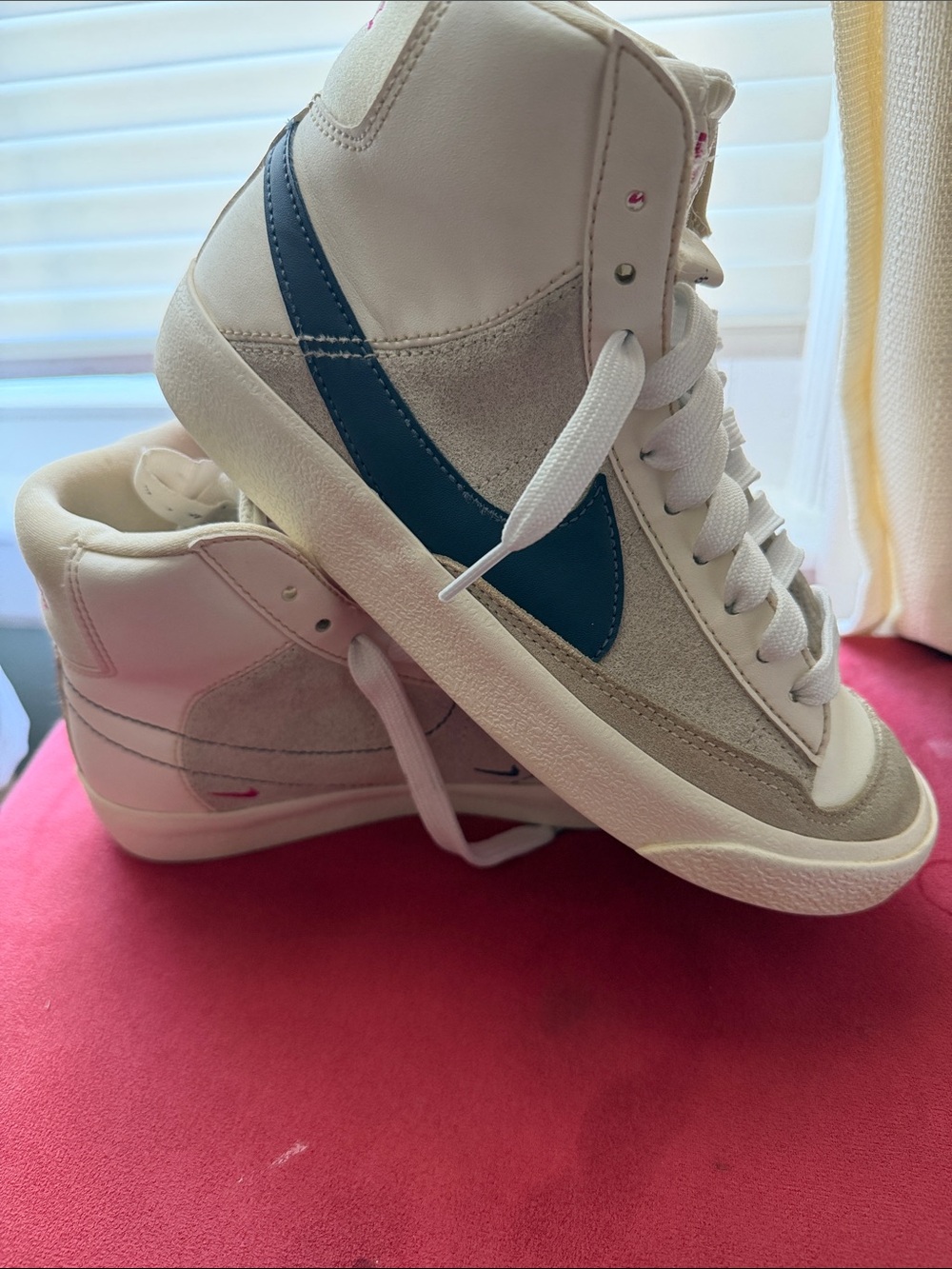 Nike Blazer Mid-High-Top Sneakers in Cream with Blue Swoosh